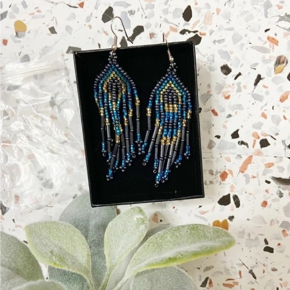 Bohemian Blue Gold Beaded Dangle Earrings Sterling Silver Eclectic Tribal NEW - Picture 7 of 8